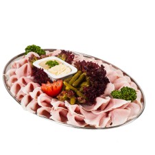 1 kg obložená mísa - jemně vyuzená Pražská šunka od kosti s nakládanými okurkami, hořčicí a křenem