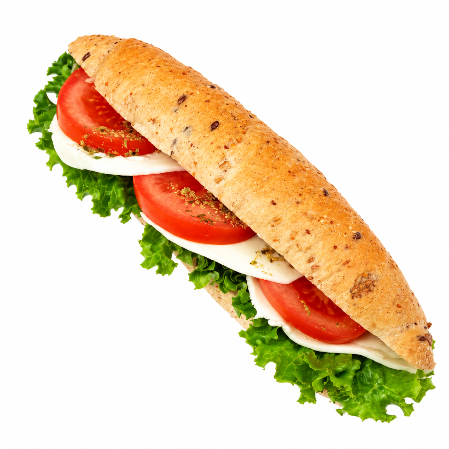 Celozrnný rohlík s mozzarellou, rajčaty a bazalkovým pestem