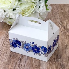 Papírová krabička na zákusky malá - modrá květina