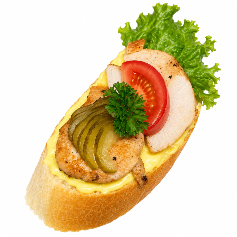 Chlebíček s kuřecími prsíčky na kari majonéze