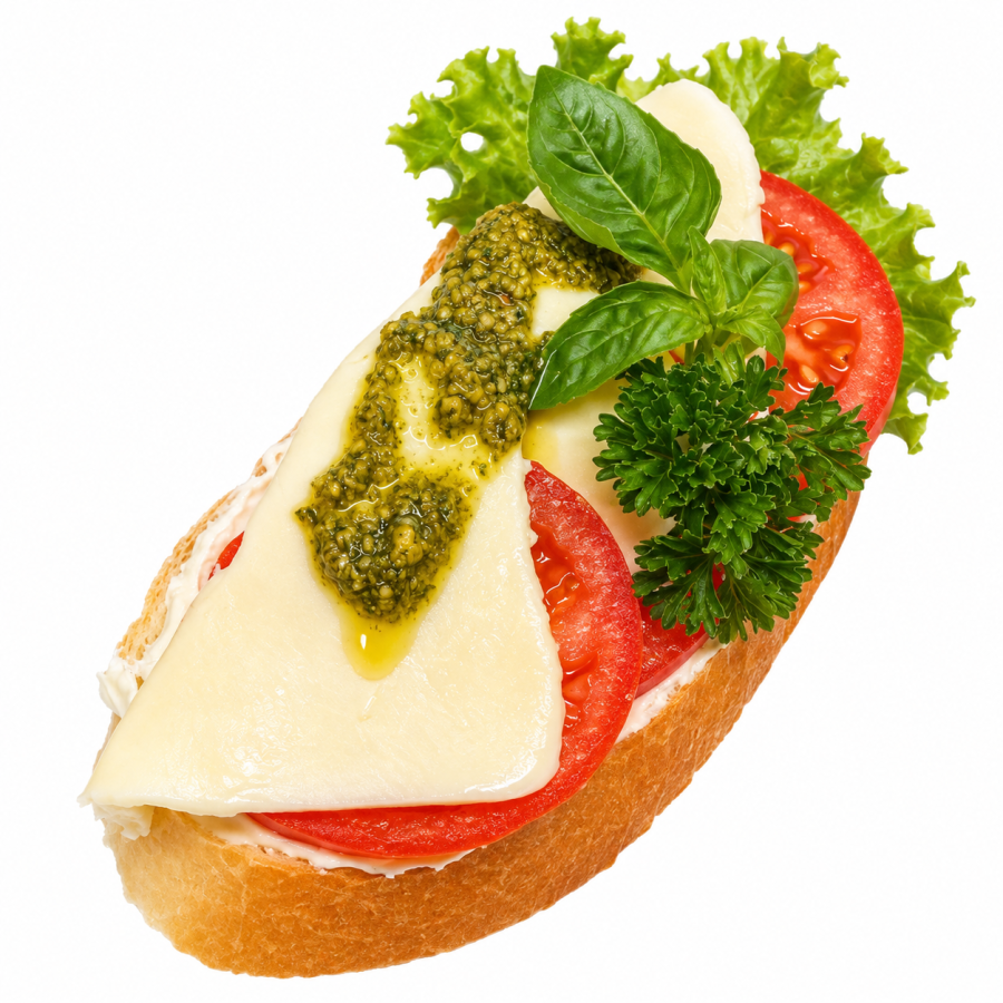 Chlebíček Caprese s mozzarellou, rajčaty a bazalkovým pestem